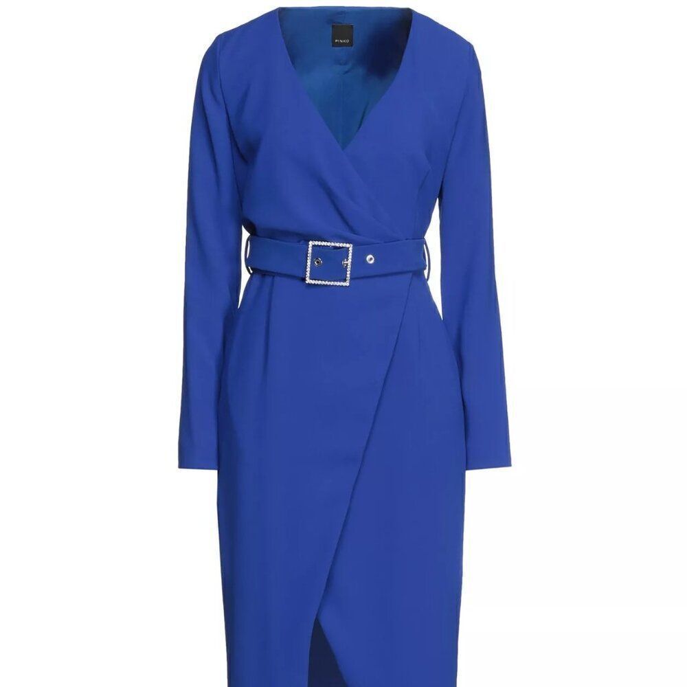PINKO Magic Midi Wrap Dress Blue Belted Long Sleeves IT38 US2 UK6 XS
